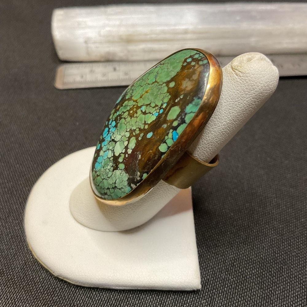 Gold and Green turquoise Statement brass Ring